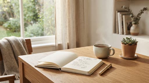 A journal, warm drink, and succulent beside a sunlit window