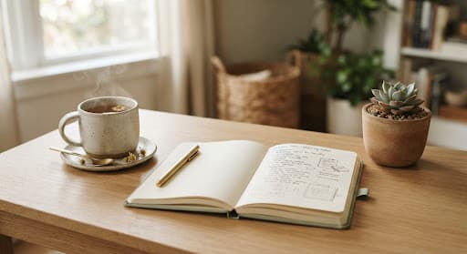 A cup and notebook on a quiet morning desk