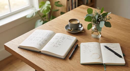 An open planner and coffee on a peaceful sunlit table