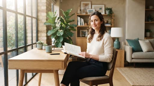 A woman taking a quiet moment with her notebook in a sunlit room