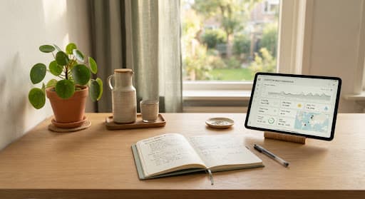 A plant, notebook and laptop on a sunlit desk
